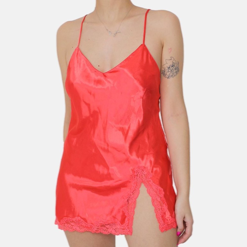 CORAL ORANGE LINGERIE NIGHTGOWN w/ LACE TRIM